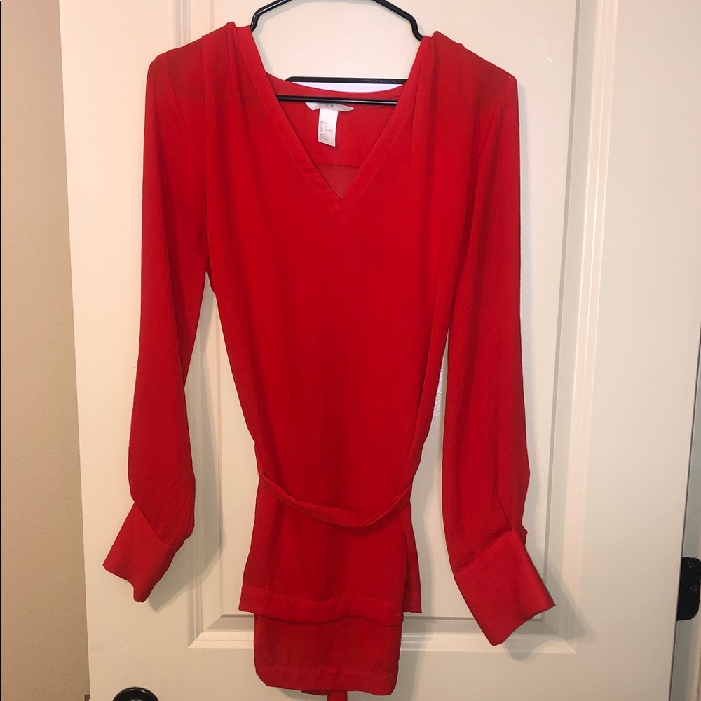 H&M Red V-Neck Long Sleeve Tie-Waist blouse